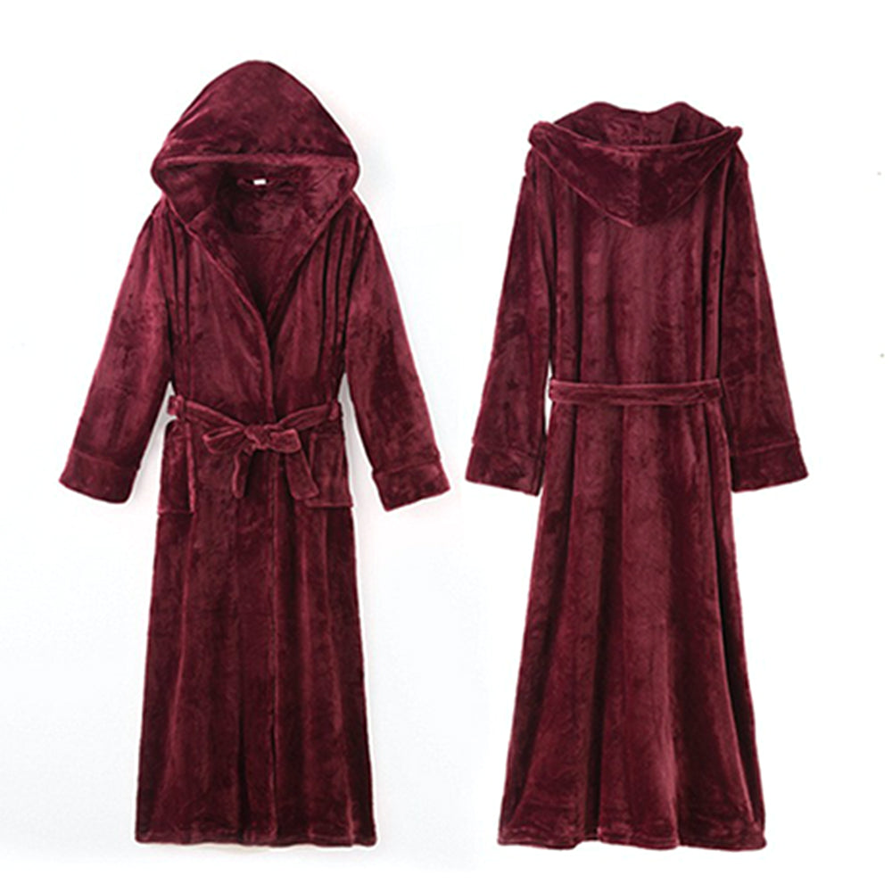 Unisex Winter Long Bathrobe Solid Warm Hooded Bath Robe for Lovers Dark Red