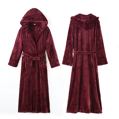 Unisex Winter Long Bathrobe Solid Warm Hooded Bath Robe for Lovers Dark Red