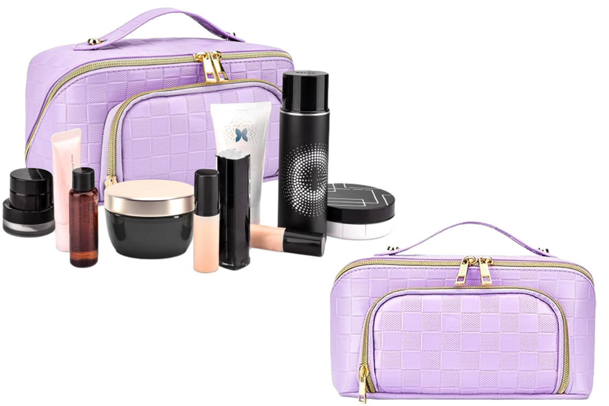 Large Capacity PU Leather Water-Resistant Checkered Cosmetic Bag Travel Makeup Bag-Purple