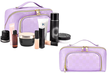 Large Capacity PU Leather Water-Resistant Checkered Cosmetic Bag Travel Makeup Bag-Purple
