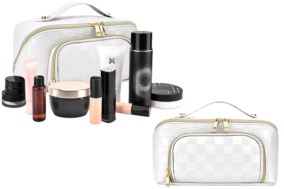 Large Capacity PU Leather Water-Resistant Checkered Cosmetic Bag Travel Makeup Bag-White
