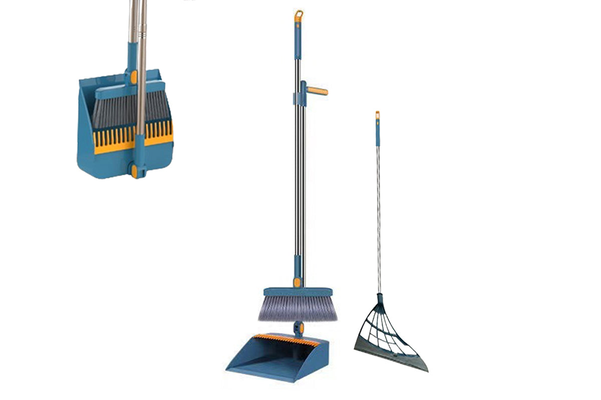 Broom With Foldable Standing Dustpan And Scraper Broom For Cleaning-Blue
