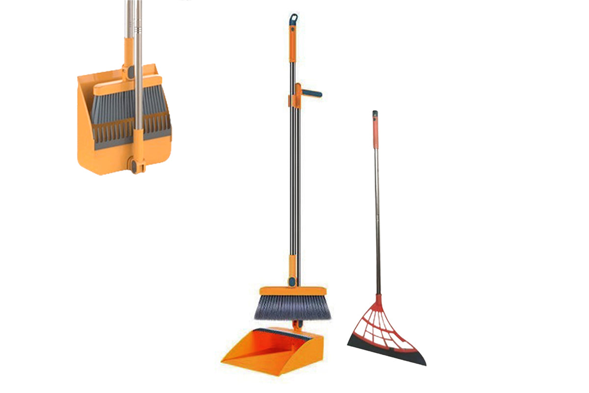 Broom With Foldable Standing Dustpan And Scraper Broom For Cleaning-Orange