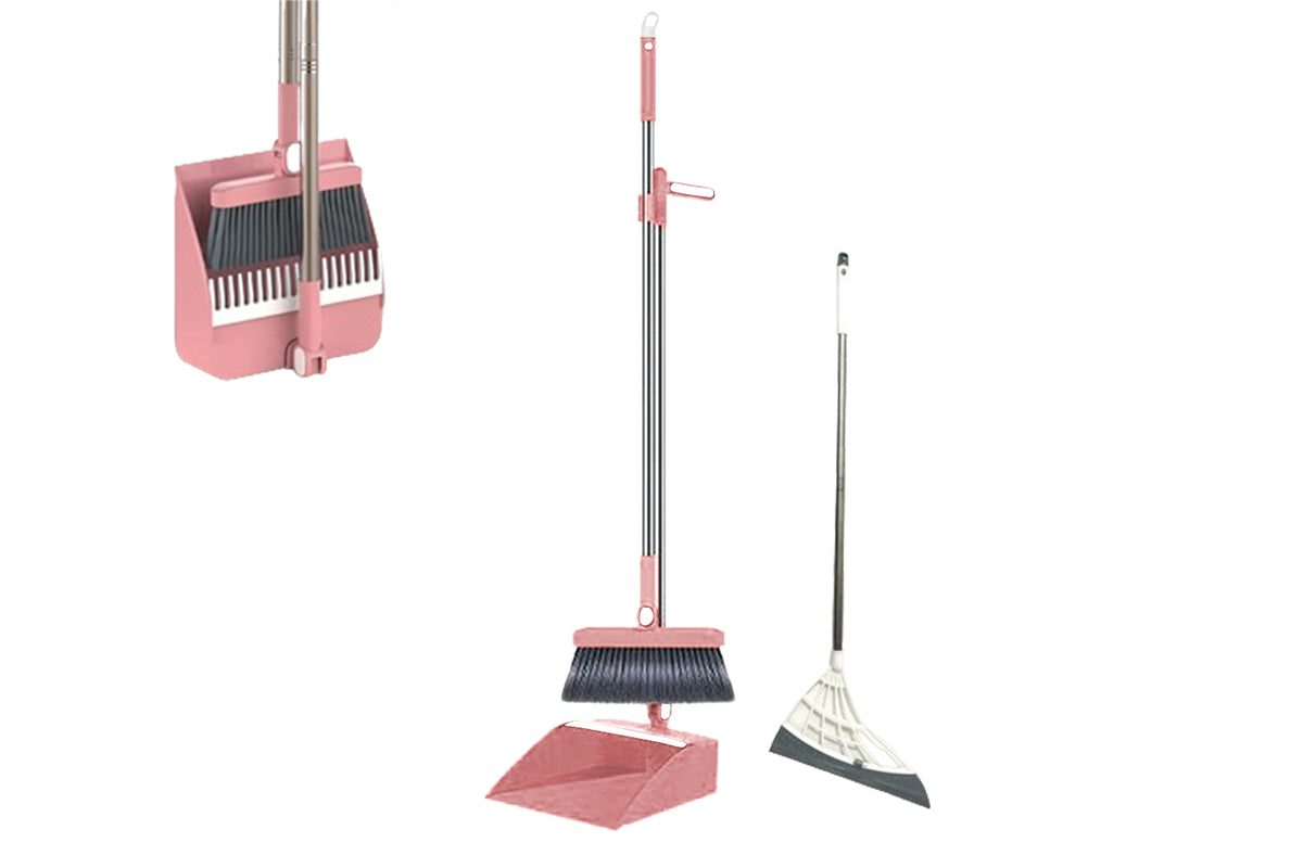 Broom With Foldable Standing Dustpan And Scraper Broom For Cleaning-Pink