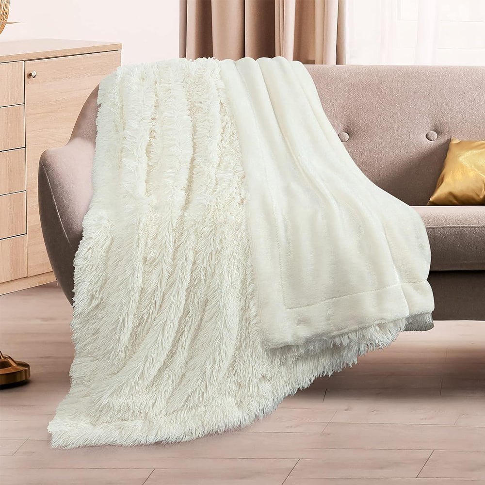 Shaggy Faux Fur Throw Blanket Plush Decorative Couch Sofa Blanket Beige