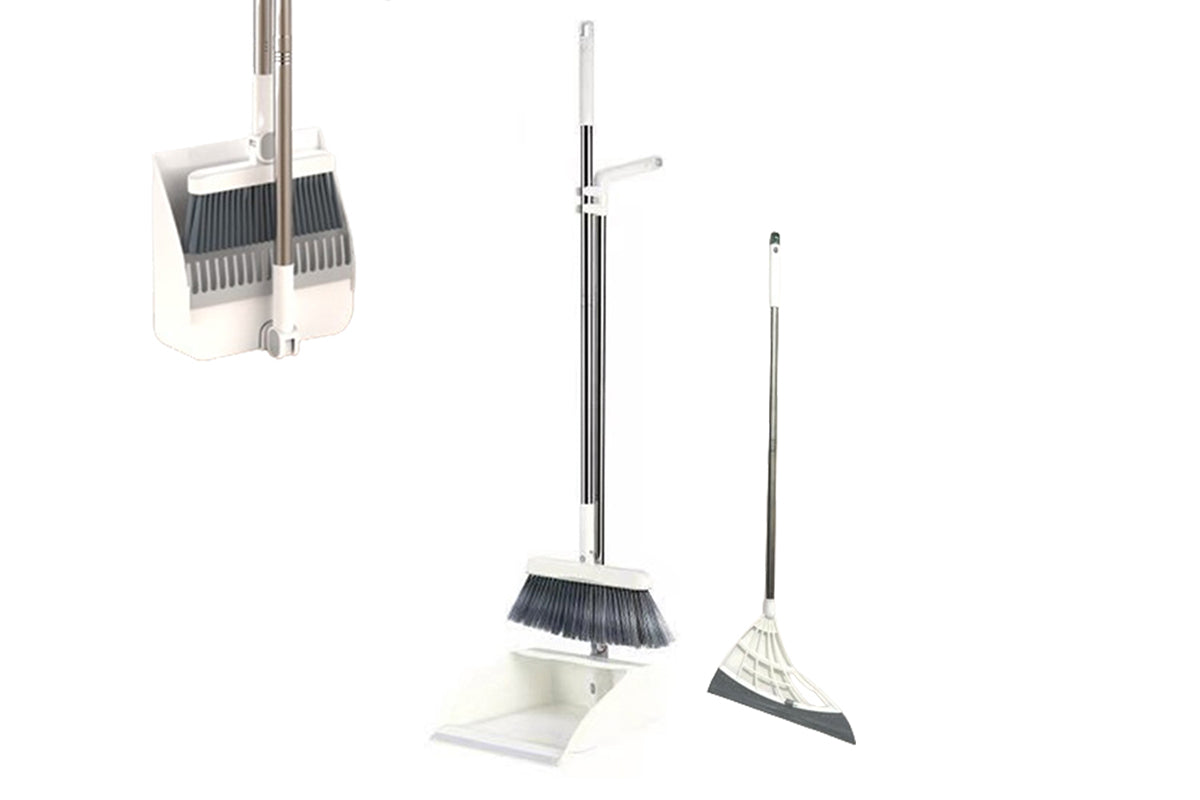 Broom With Foldable Standing Dustpan And Scraper Broom For Cleaning-White