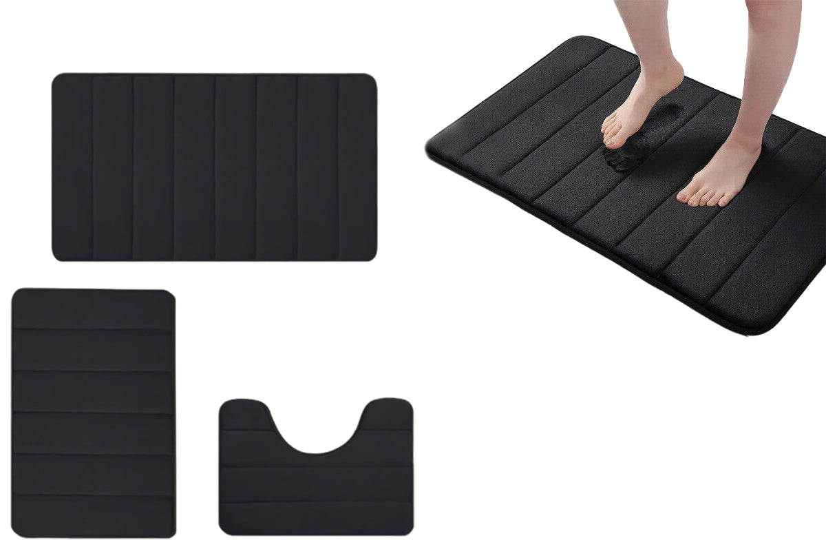 3Pcs Coral Fleece Bathroom Mat Anti Slip Toilet Rugs Fast Absorbent-Black