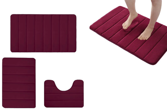 3Pcs Coral Fleece Bathroom Mat Anti Slip Toilet Rugs Fast Absorbent-Wine Red