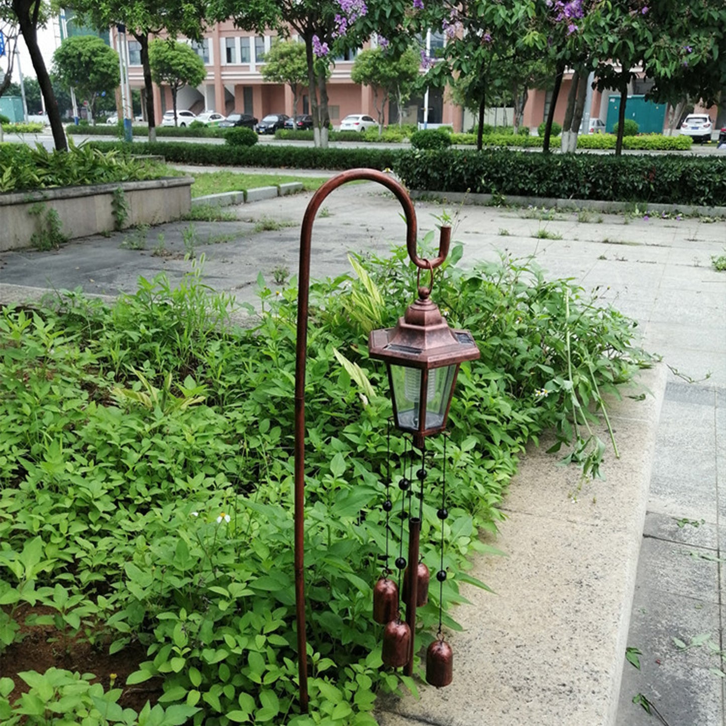 Solar Power Copper-Colored Lantern on Shepherd's Hook with Bells Wind Chime