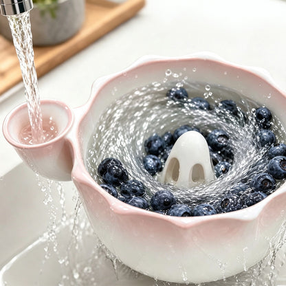 Self-Spinning Ceramic Berry Washing Bowl Set with  2 Fruit Forks -Pink