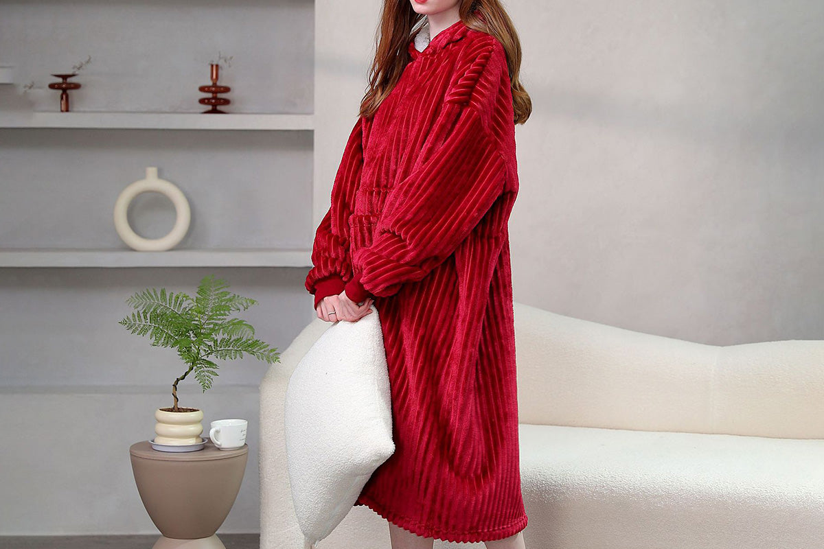 Wearable Blanket Sweatshirt for Women and Men Thick Flannel Hooded Sweatshirt Loungewear -Wine Red
