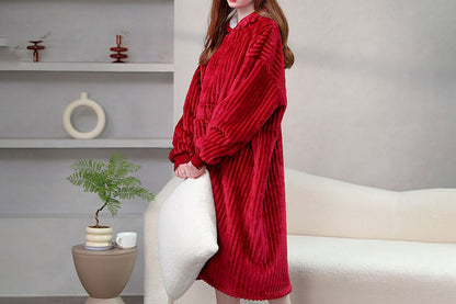 Wearable Blanket Sweatshirt for Women and Men Thick Flannel Hooded Sweatshirt Loungewear -Wine Red