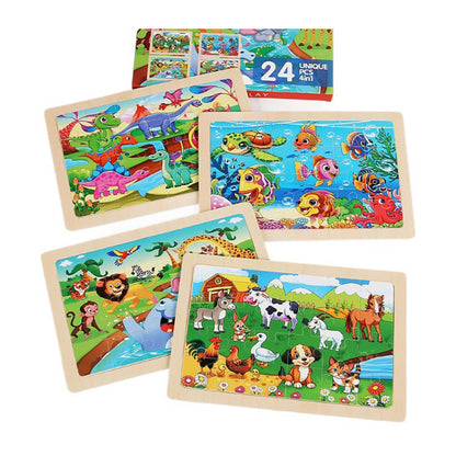 4 Packs 24Pcs Puzzles Wooden Jigsaw Puzzles Preschool Educational Puzzles Boards Toys Style 1