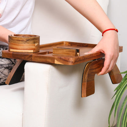 3-in-1 Wood Sofa Arm Tray Snap-on Couch Snack Cup Armrest Table with 360-Degree Rotating Phone Holder