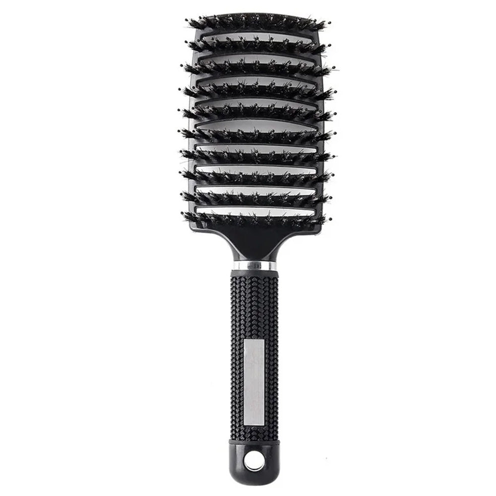Detangle Nylon Boar Bristle Brush Head Scalp Massage Comb For Fine Hair-Black