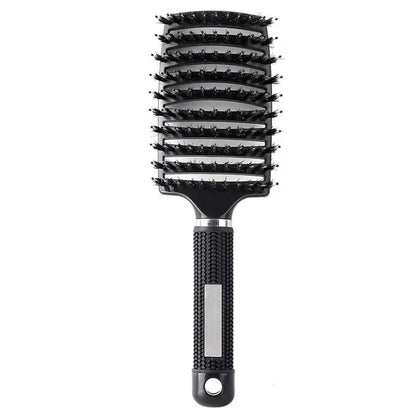 Detangle Nylon Boar Bristle Brush Head Scalp Massage Comb For Fine Hair-Black