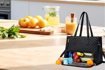 2-in-1 Tote Bag with Insulated Lunch Compartment and Wallet-Black