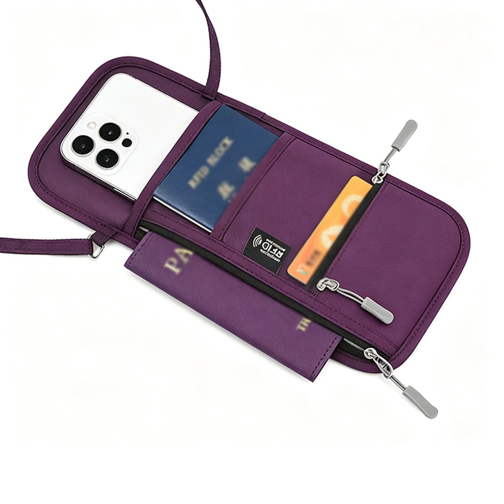 RFID Lined Travel Passport Holder Neck Wallet -Purple