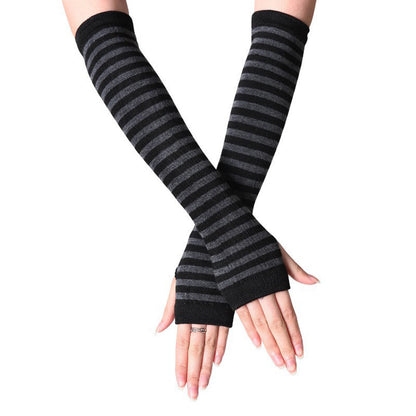 3 Pairs Women Fingerless Arm Warmers Striped Knit Winter Gloves