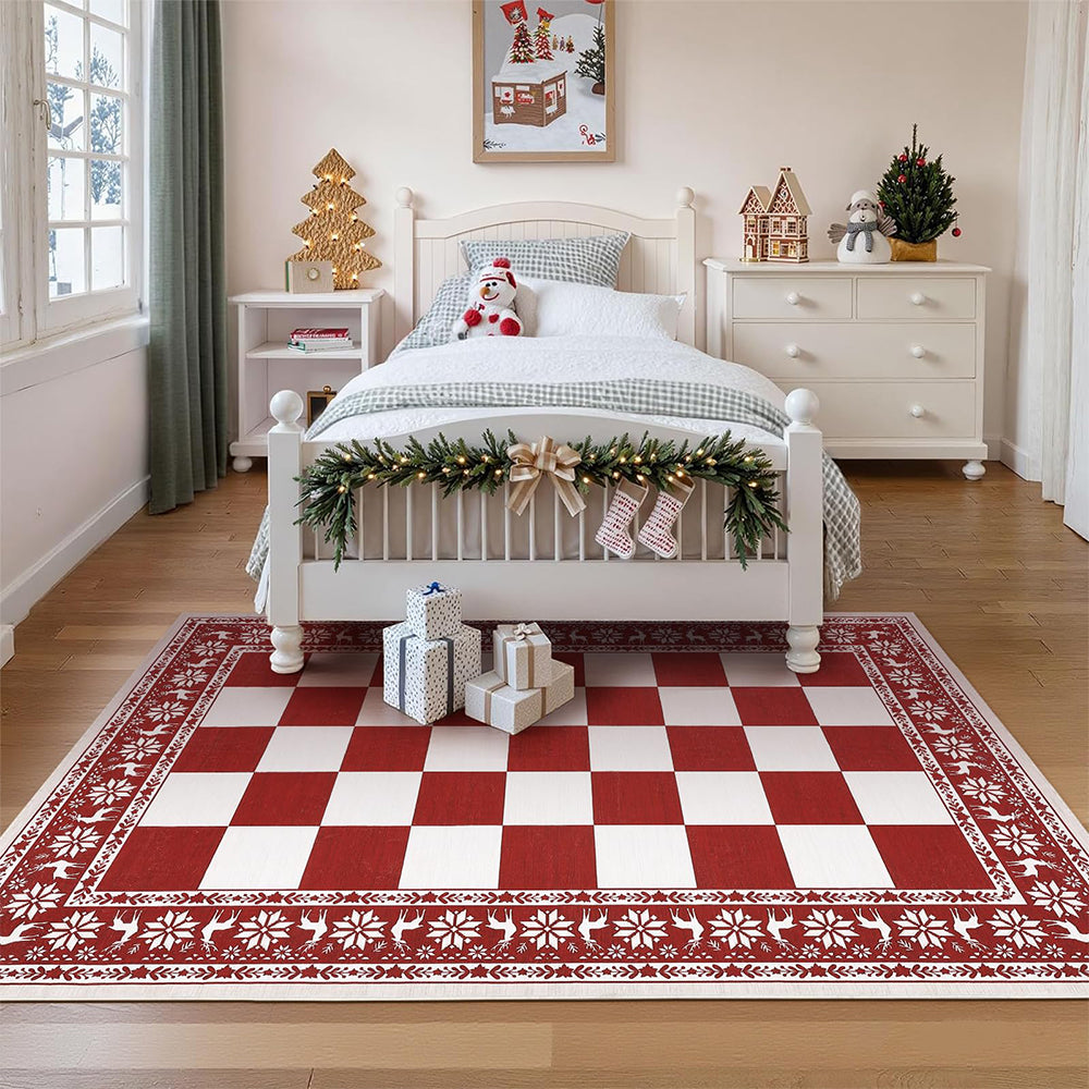 Christmas Plaid Short Pile Rug with Non Slip Rubber Backing - Red plaid