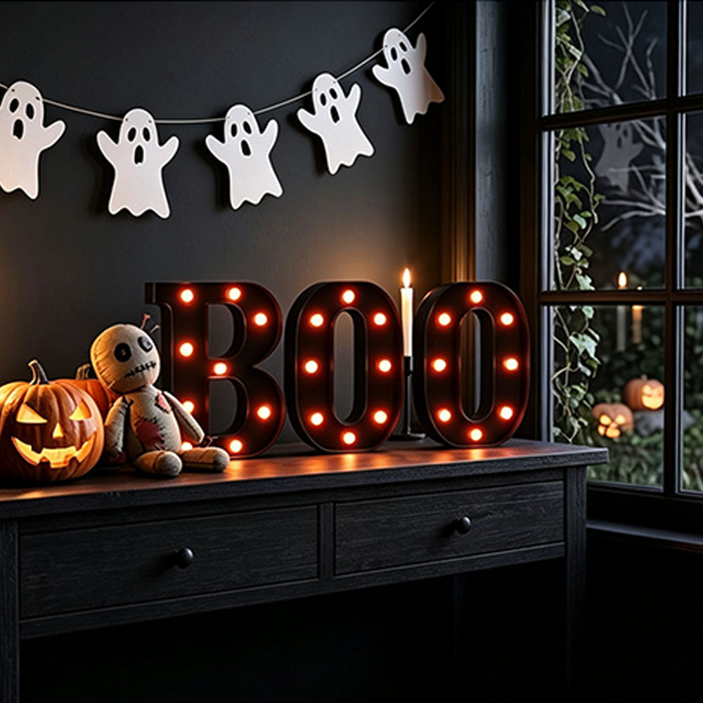 3 Piece BOO Orange Light Up Halloween Decorative Sign for Parties