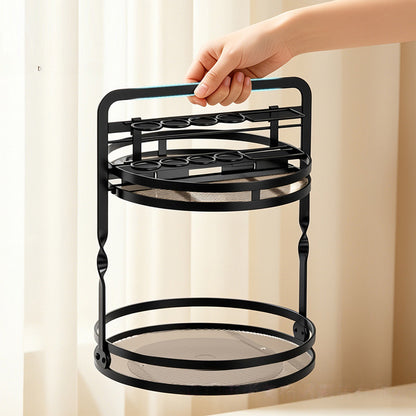 Rotating Makeup Organizer Double Layer with Brush Holder for Skincare Perfume-Black