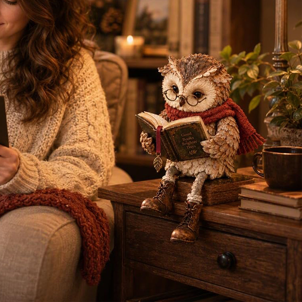 Reading Owl Figurine Resin Cute Whimsical Bookshelf Decor for Mantel Desk