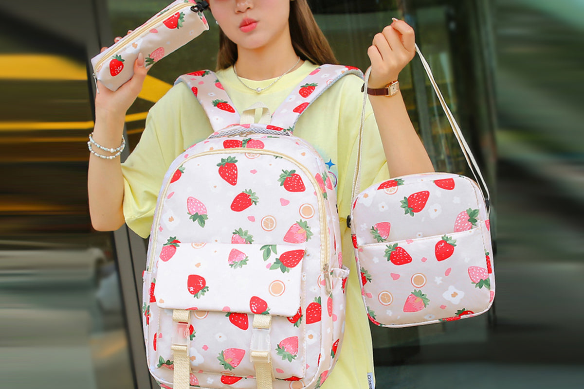 3Pcs Set Kids Backpack With Lunch Bag Pencil Bag Nylon Lightweight School Backpack-Beige
