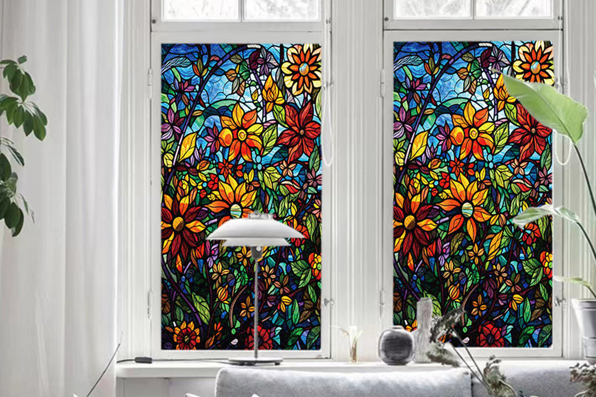 2Pcs Static Cling Windows Film Frosted Stained Glass Stickers Flower Decor