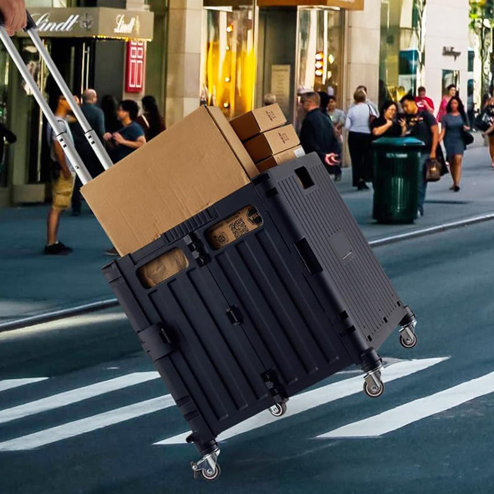 65L Folding Utility Cart Portable Rolling Crate Handcart Shopping Trolley with Lid Black