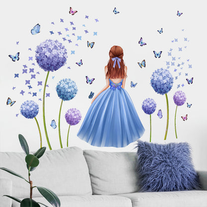 Girl Butterfly Wall Stickers Blue Flower Wall Decal