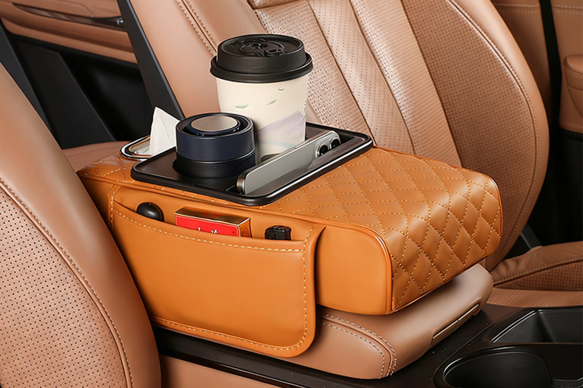 Car Armrest Cushion Organizer with Cup Holder Center Console Booster Pad-Brown