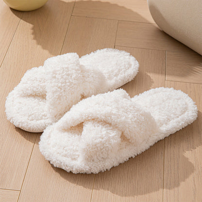 Women Fuzzy Cross Band Slippers Plush Indoor House Shoes Non Slip-White