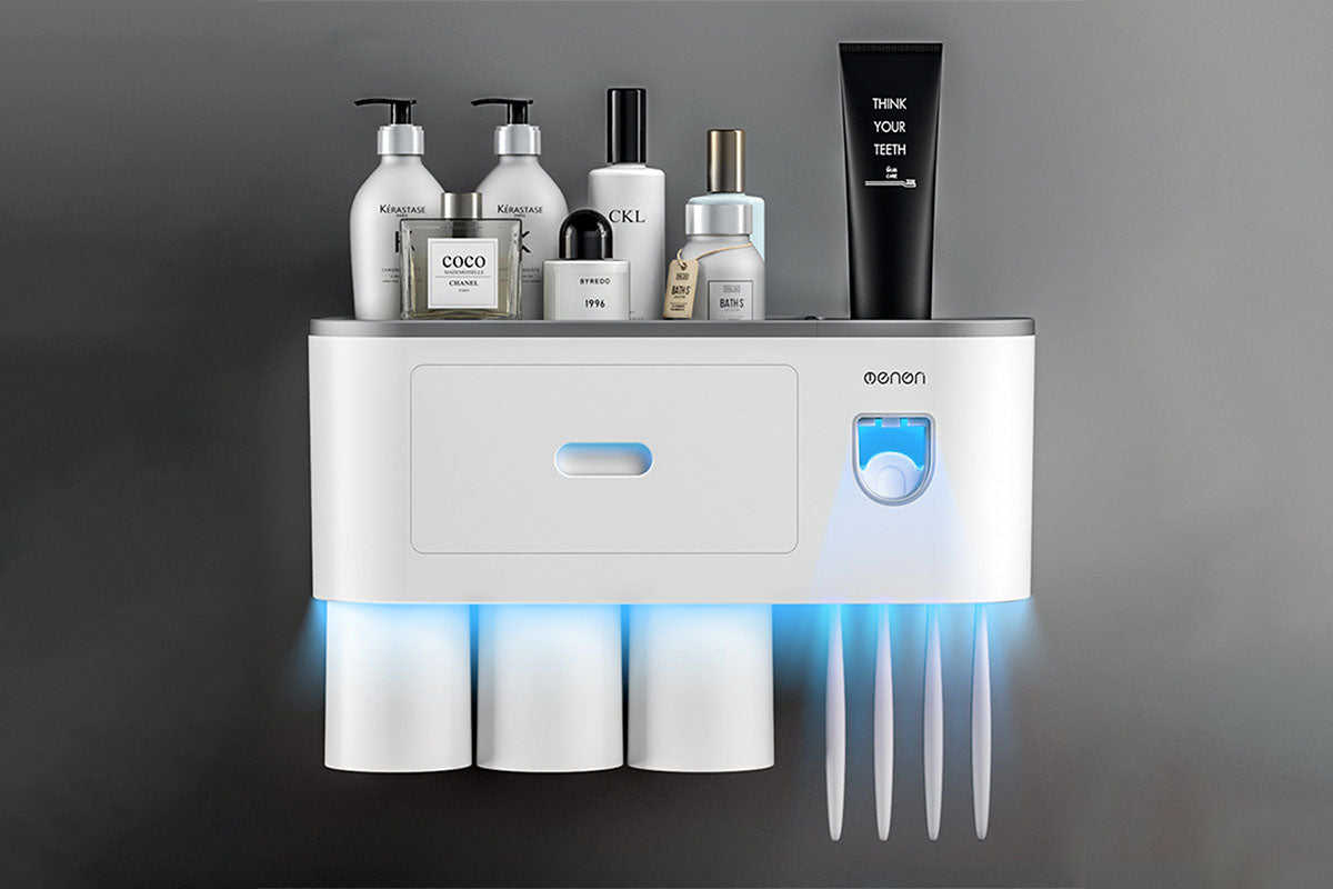 Wall Mounted Toothbrush Holder for Bathroom Automatic Toothpaste Dispenser Kit-Gray