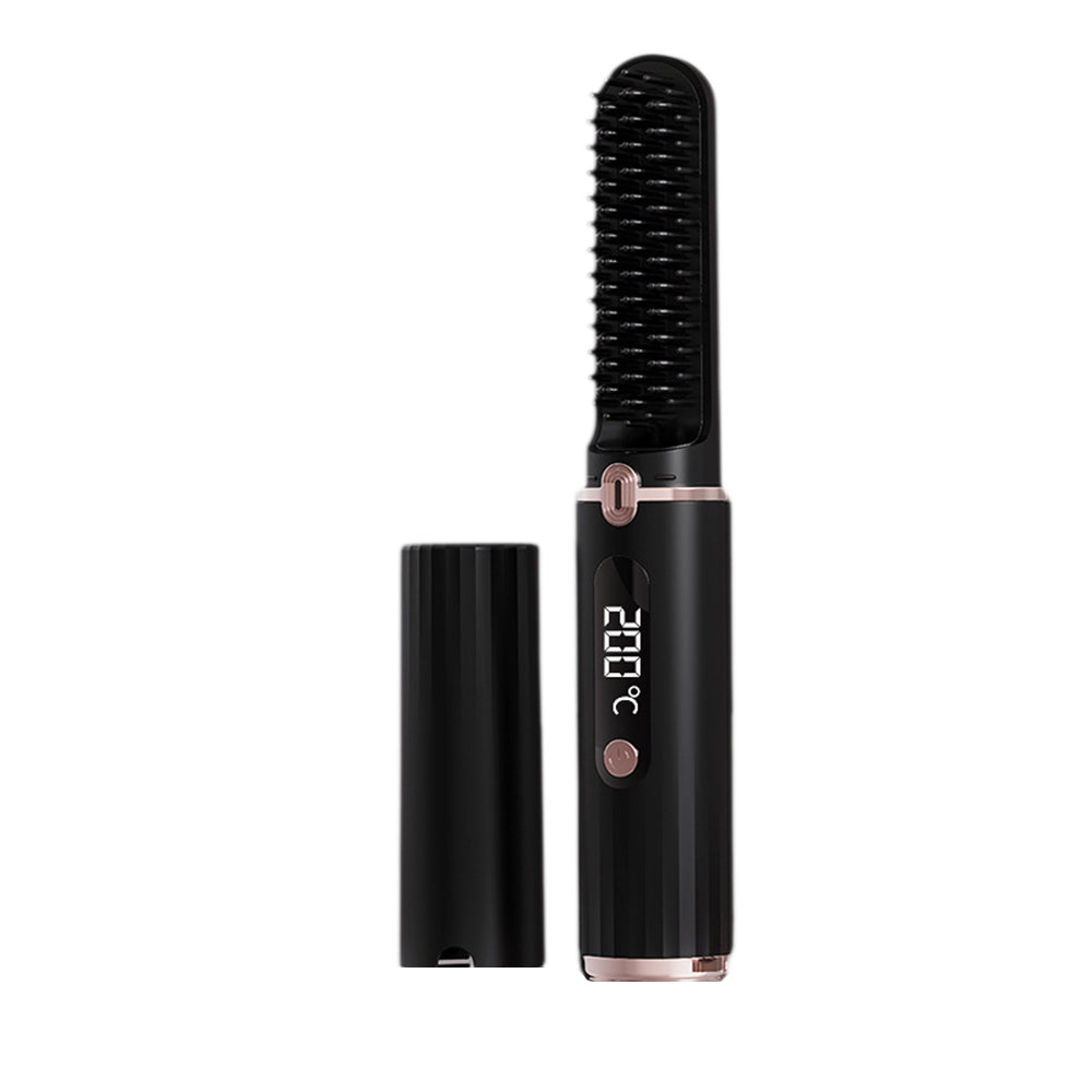 Portable Cordless Electric Hair Straightener Brush USB Rechargeable Heated Comb-Black