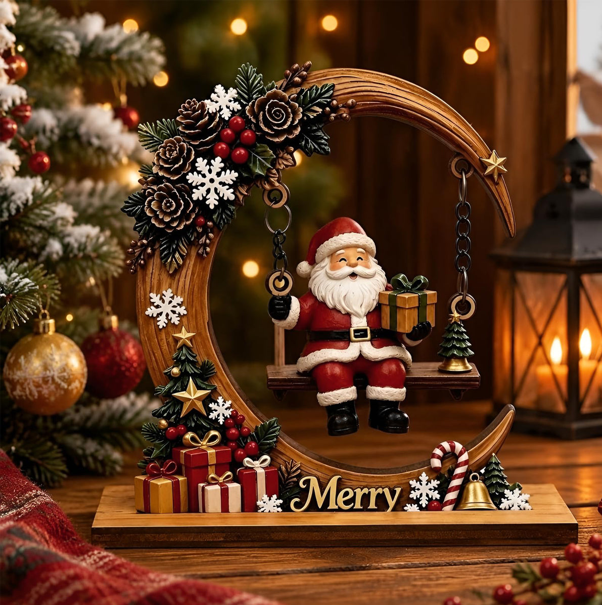 Engineered Wood Crescent Santa Swing Christmas Table Ornament