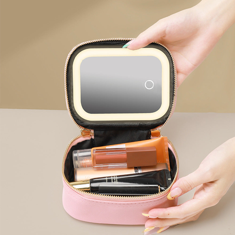 Small Makeup Bag Travel Case with Mirror and Adjustable Light Stylish for Travel Pink