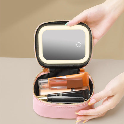 Small Makeup Bag Travel Case with Mirror and Adjustable Light Stylish for Travel Pink