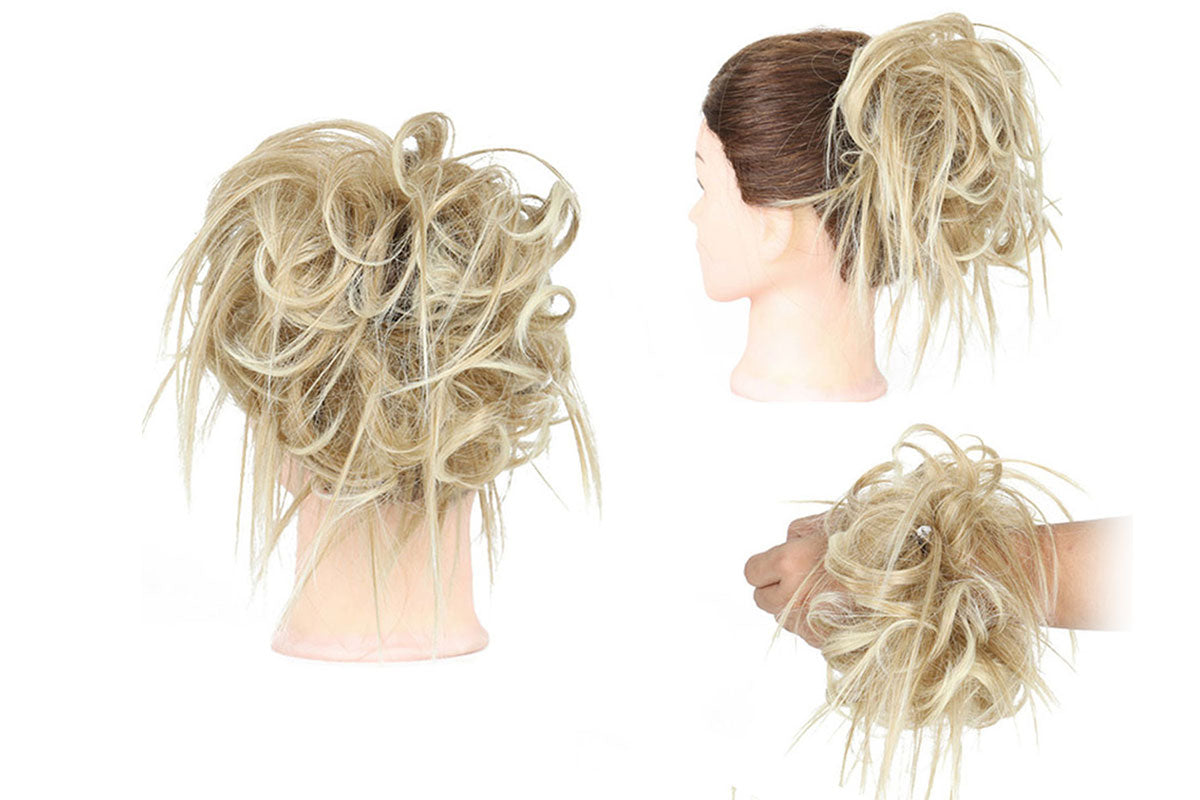 2Pcs High-Temperature Fiber Curly Wavy Scrunchy Messy Hair Bun-Ash Blonde To Bleach Blonde And Medium Brown