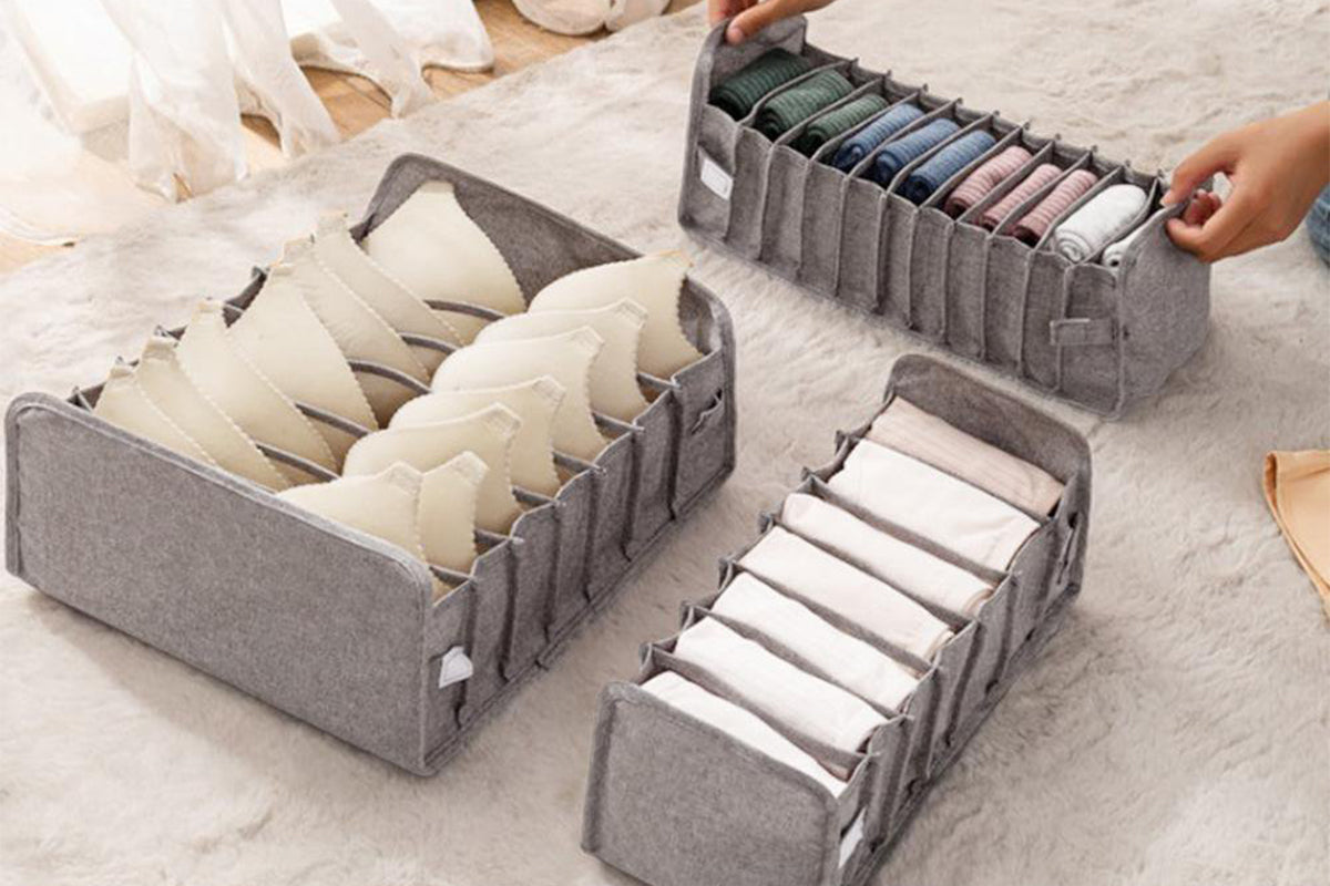 Set of 3 Foldable Drawer Organizer Dividers Cloth Storage Box-Gray