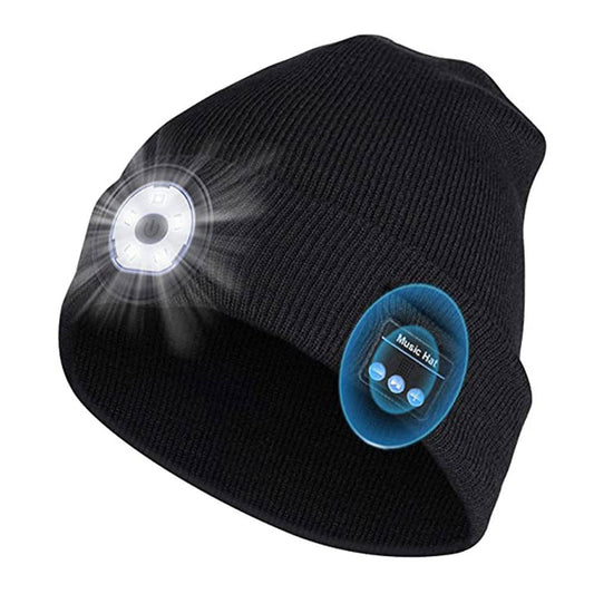 Unisex Wireless Bluetooth Headphone Hat LED Torch Beanies Black