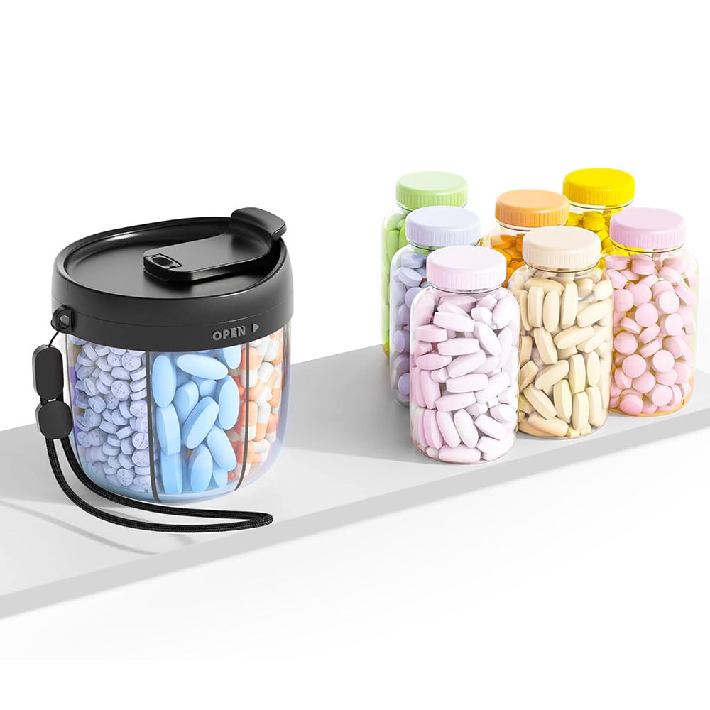 7-Compartment Pill Organizer Bottle with Handle & Rotating Lid for Travel Black