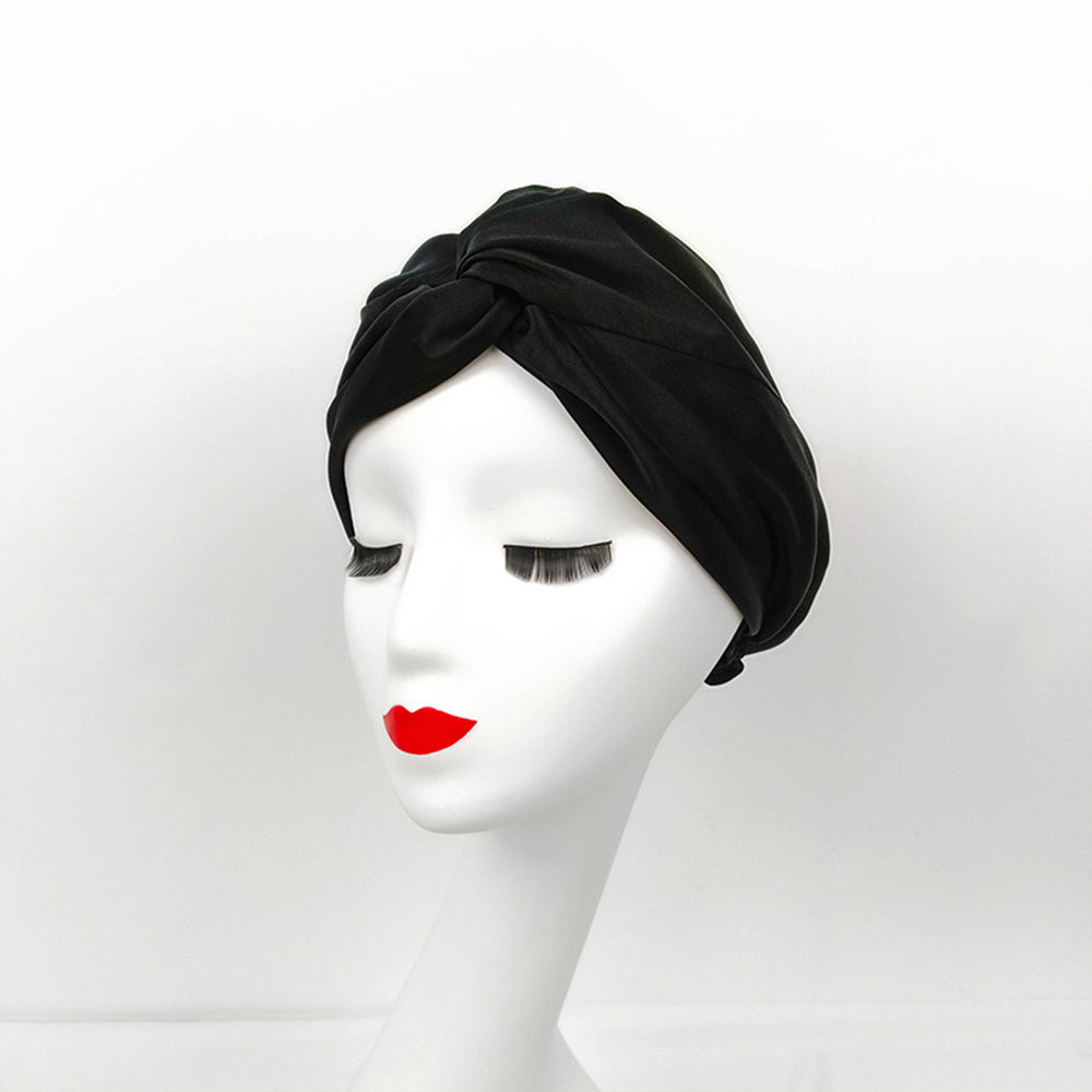 100% Silk Bonnet Sleep Cap for Women Hair Care Adjustable Knotted Turban Hat Black