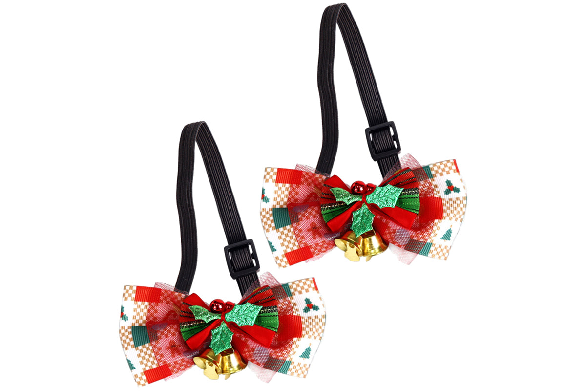 2Pcs Christmas Pet Bow Tie With Bell and Bow Dog Bow Tie Cat Kitten Plaid Collar-Style 2