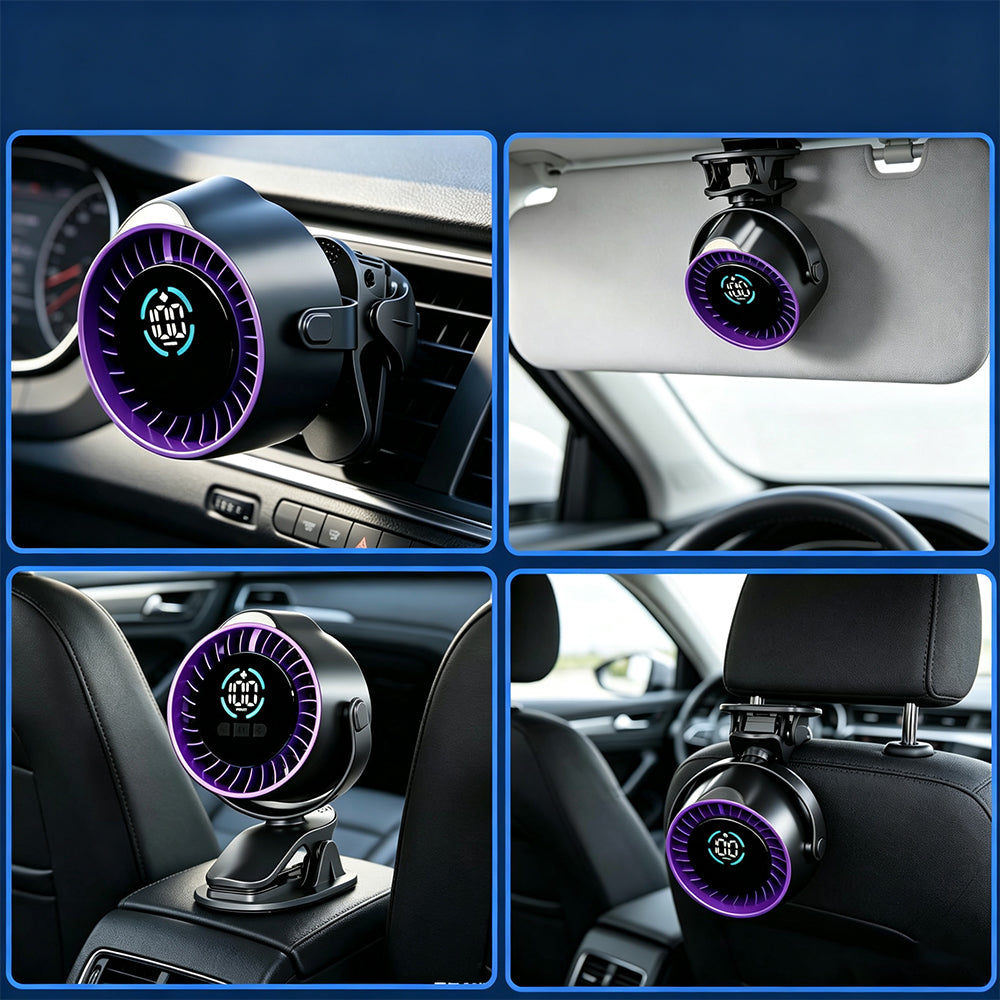 100 Level Digital Clip Fan 720 Degree Airflow Portable Car Fan - Grey