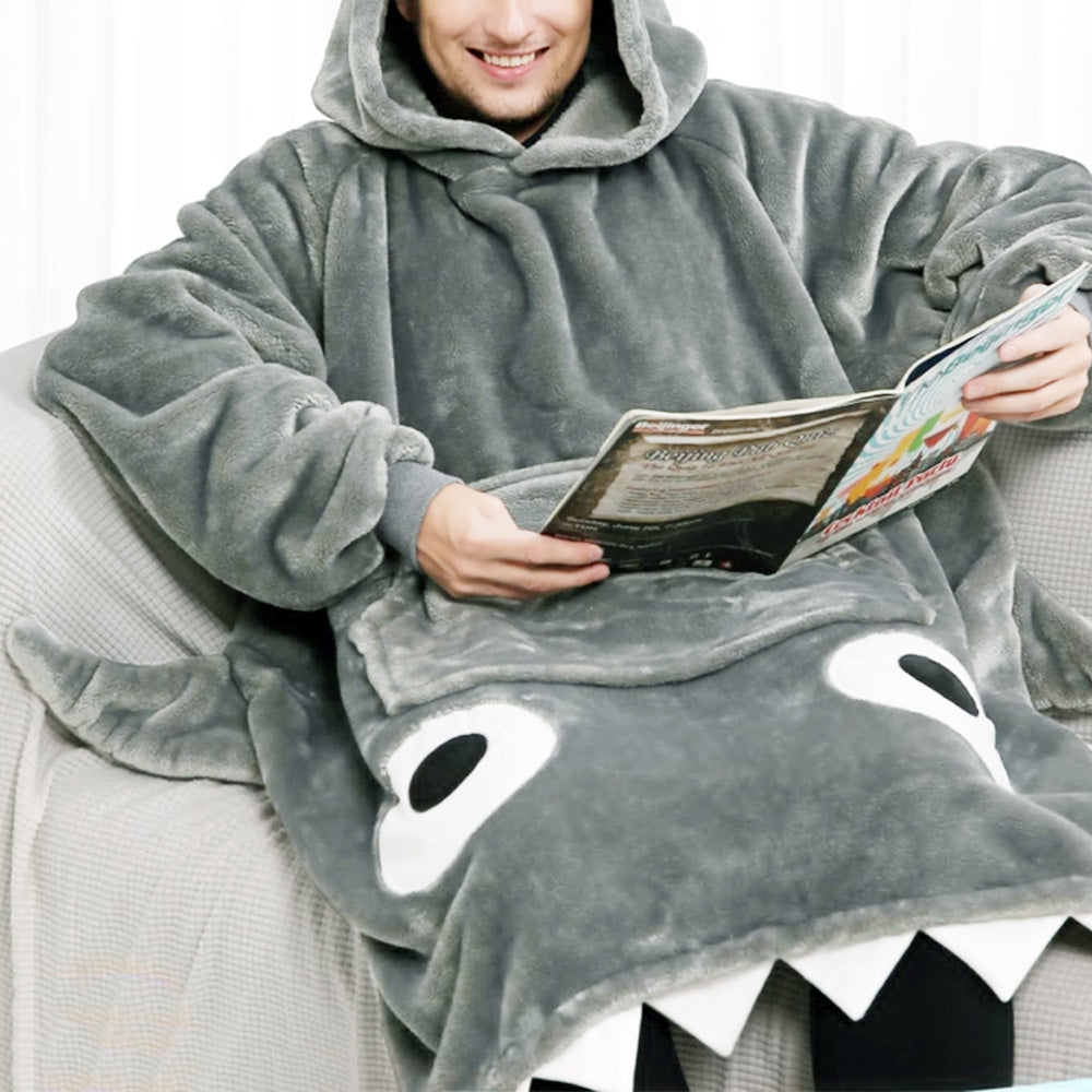 Shark Hoodie Blanket Cartoon Sleeping Wearable Adult Throw Blanket Grey
