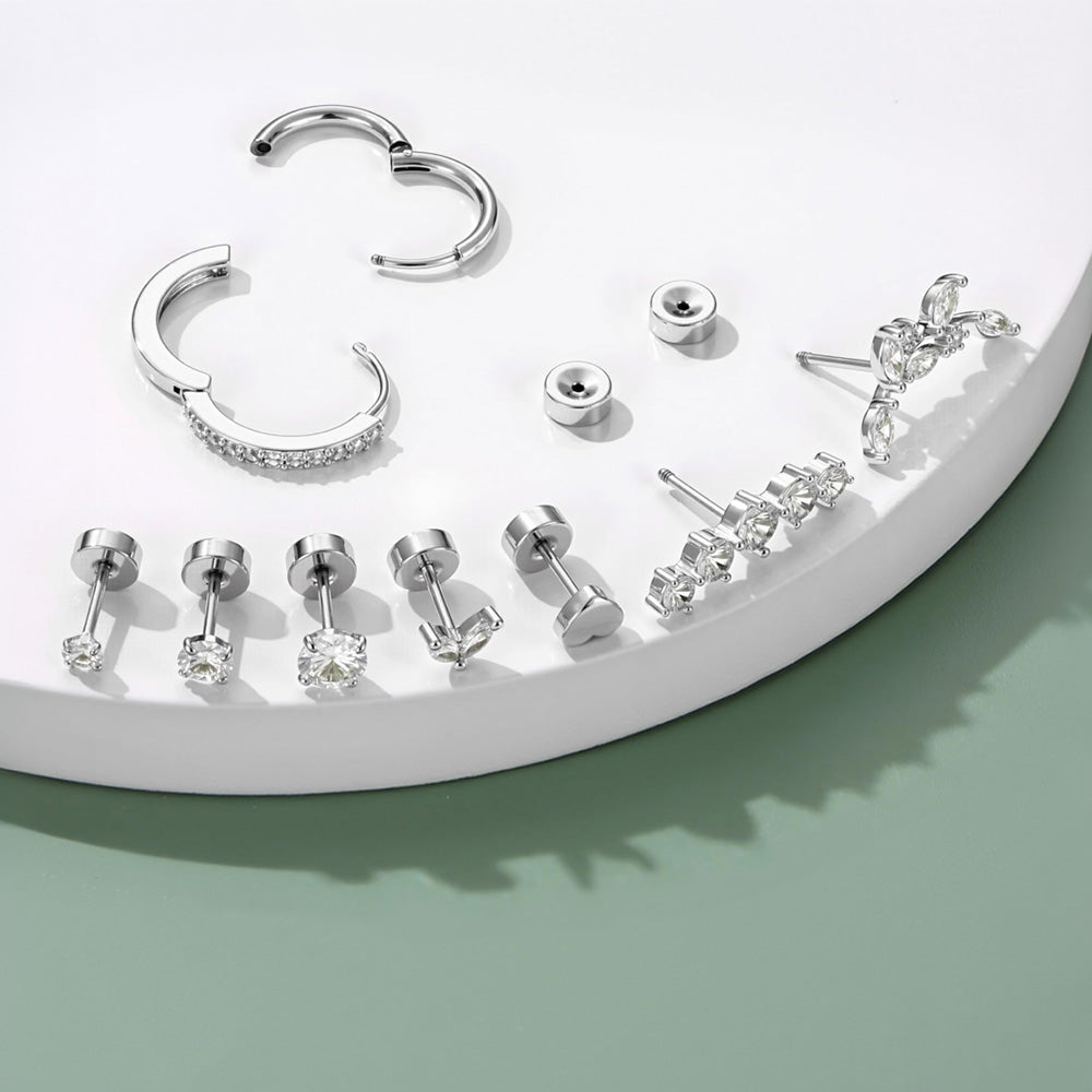 12 Pairs Women Earrings Studs and Hoops Set Fashion Cartilage Stackable Jewelry-Silver