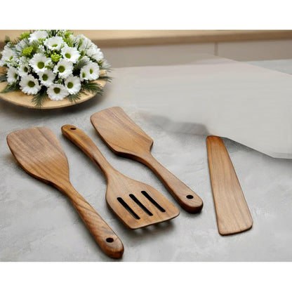 4Pcs Wooden Cooking Utensil with Paddle, Turner Slotted Spurtle and Wood Scraper