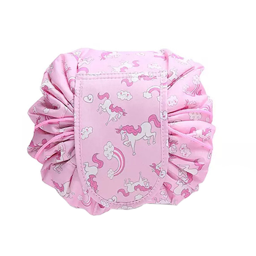 Printed Cosmetic Storage Bag Drawstring Make-Up Travel Bag Makeup Tools Organizer Folding Cosmetic Bag -Pink Unicorn