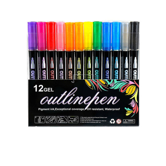 12 Color Multicolored Double Line Outline Marker Pen Set Painting Art